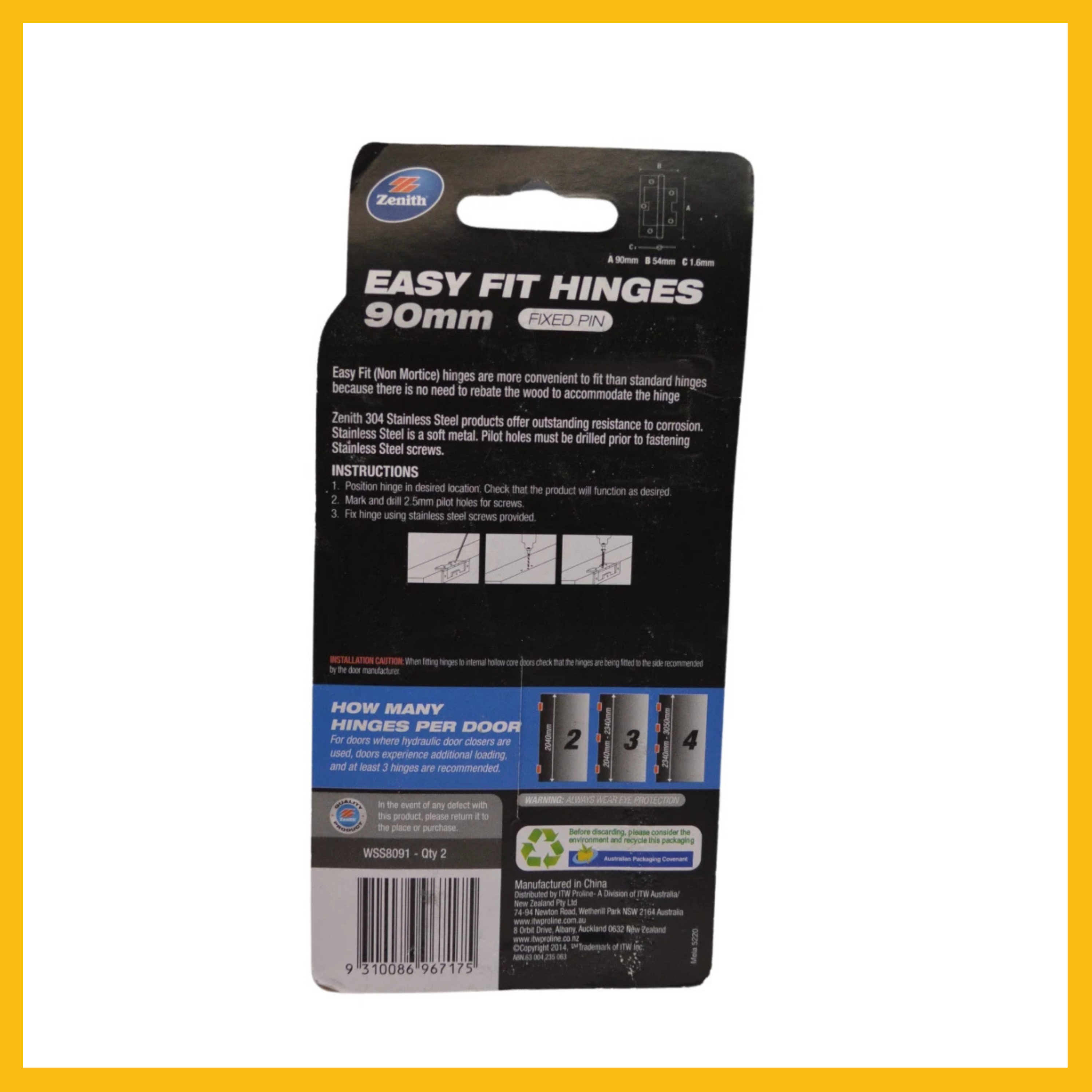 2x Zenith EASY FIT HINGES Fixed Pin, Polished Chrome- 90mm