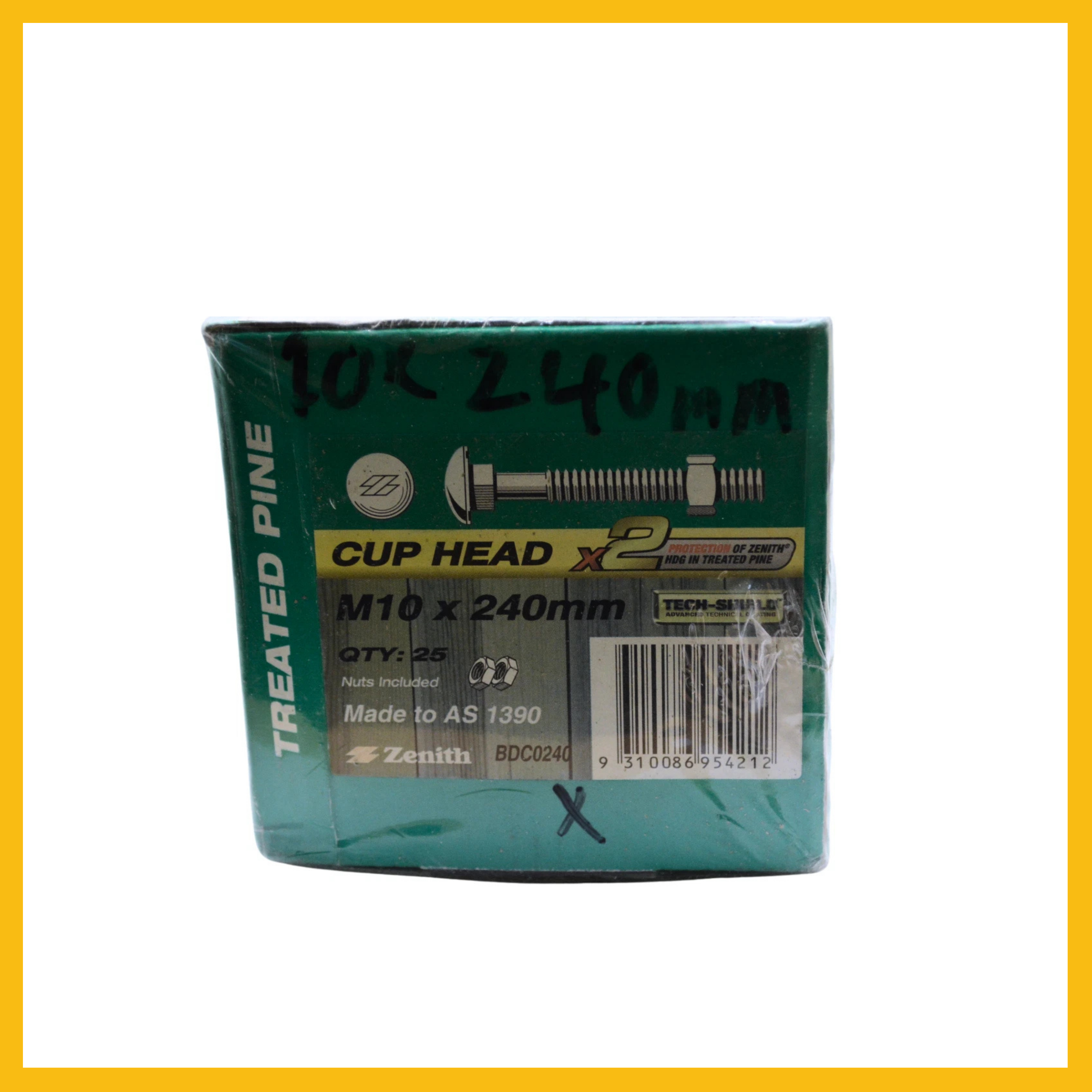 2x Zenith CUP HEAD BOLT & NUT Coach TECH SHIELD Coated Steel- M10 x 240mm
