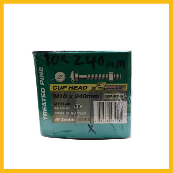 2x Zenith CUP HEAD BOLT & NUT Coach TECH SHIELD Coated Steel- M10 x 240mm