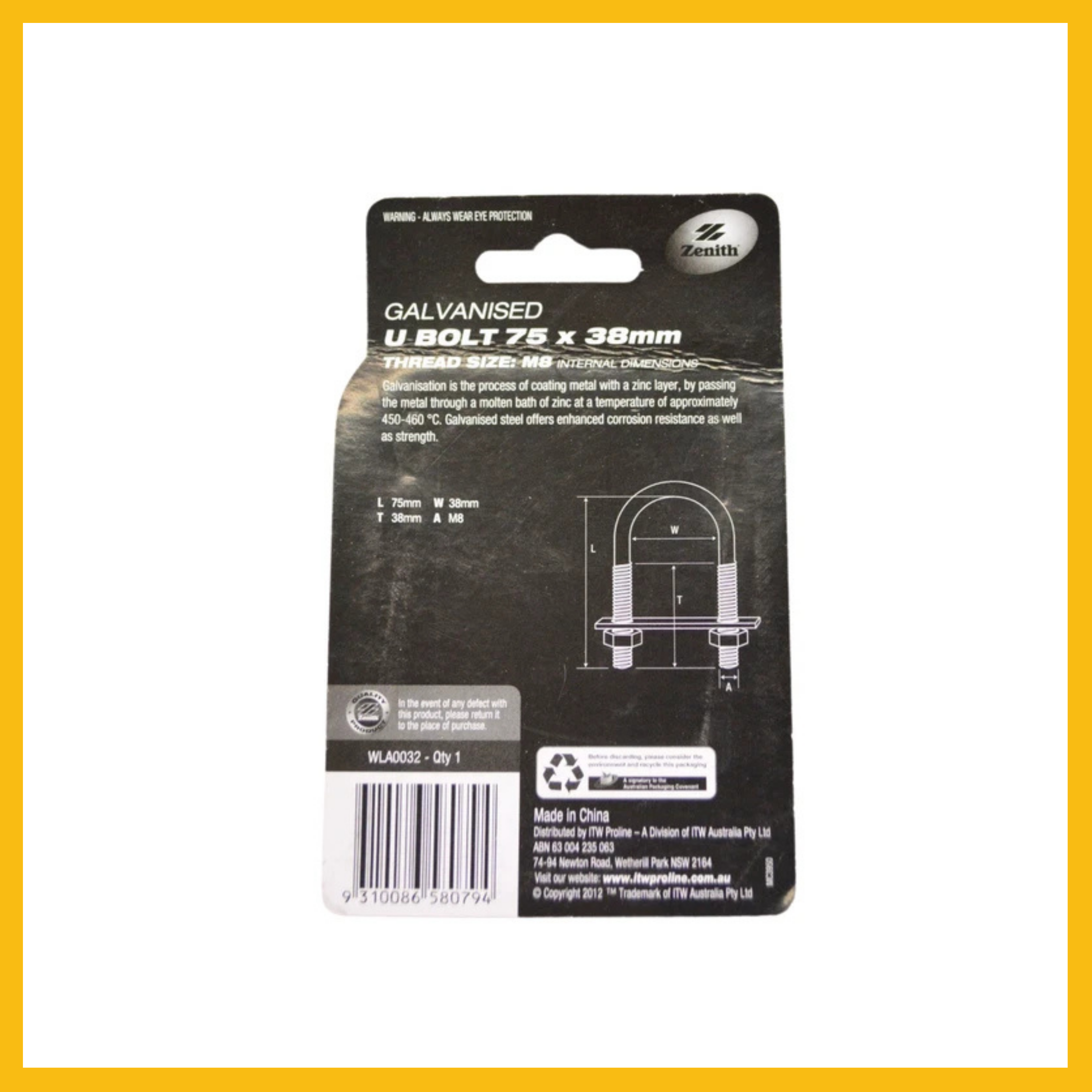 5 X Zenith M8 x 75 x 38mm Galvanised U-Bolt