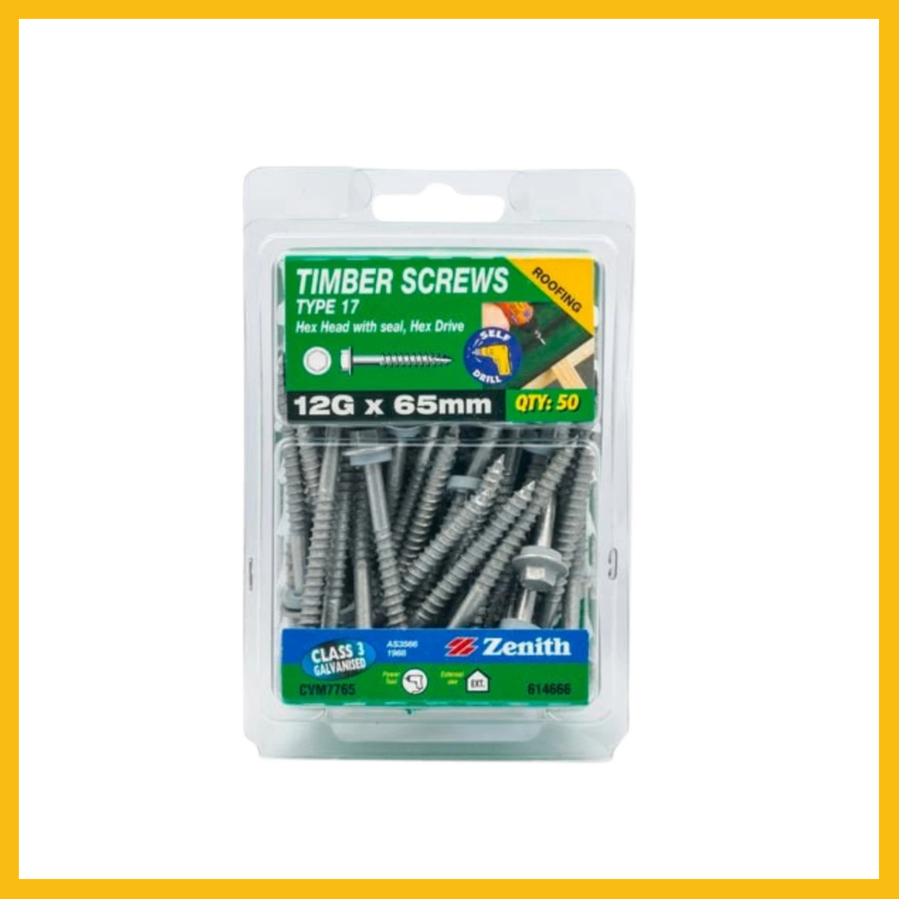 Zenith 12G x 65mm Galvanised Hex Head With Seal Type 17 Timber Screws - 50 Pack