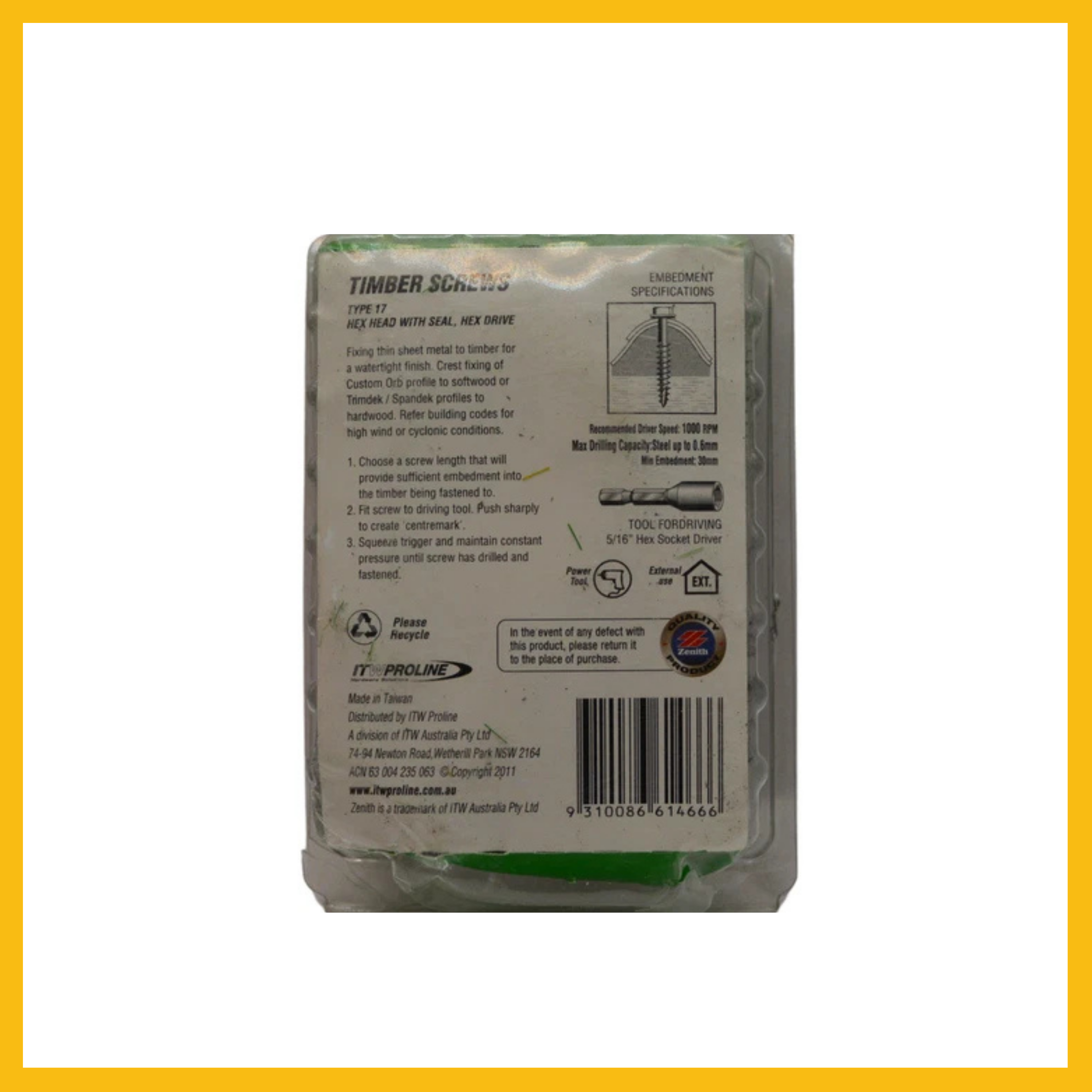 Zenith 12G x 65mm Galvanised Hex Head With Seal Type 17 Timber Screws - 50 Pack