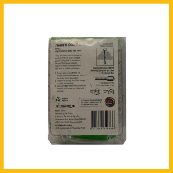 Zenith 12G x 65mm Galvanised Hex Head With Seal Type 17 Timber Screws - 50 Pack