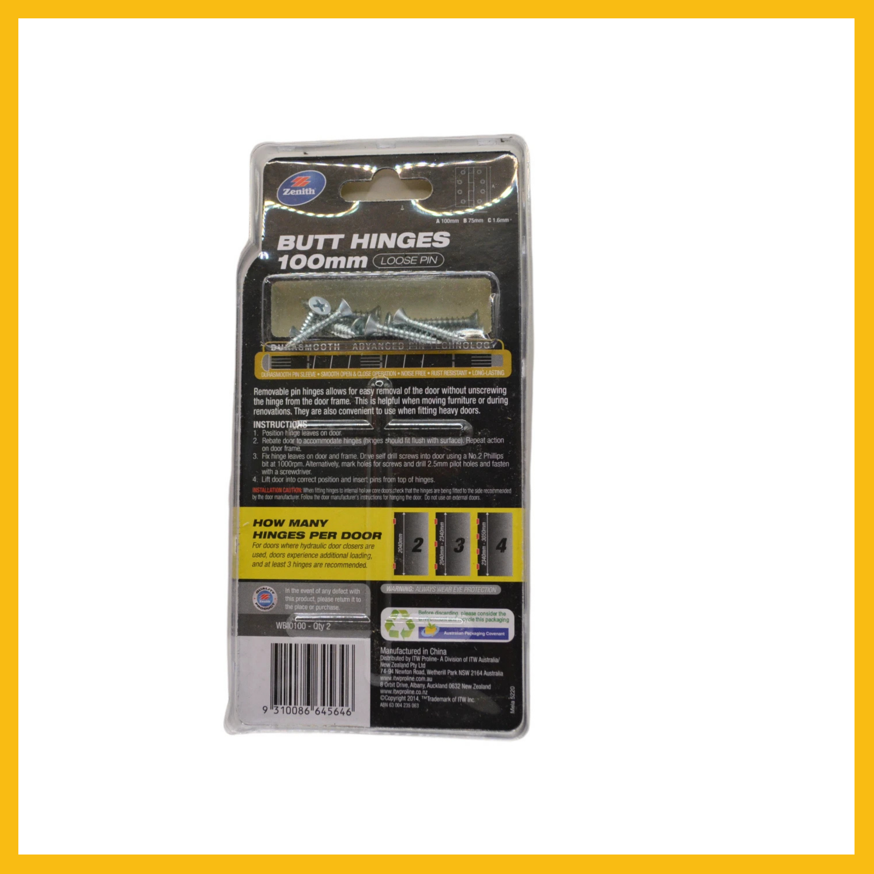 ZENITH BUTT HINGE 100MM LOOSE PIN 2PK Delf 046